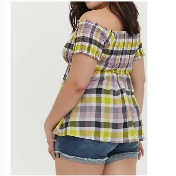 TORRID 5 MULTI PLAID SMOCKED OFF SHOULDER PEPLUM TOP - Picture 2 of 9